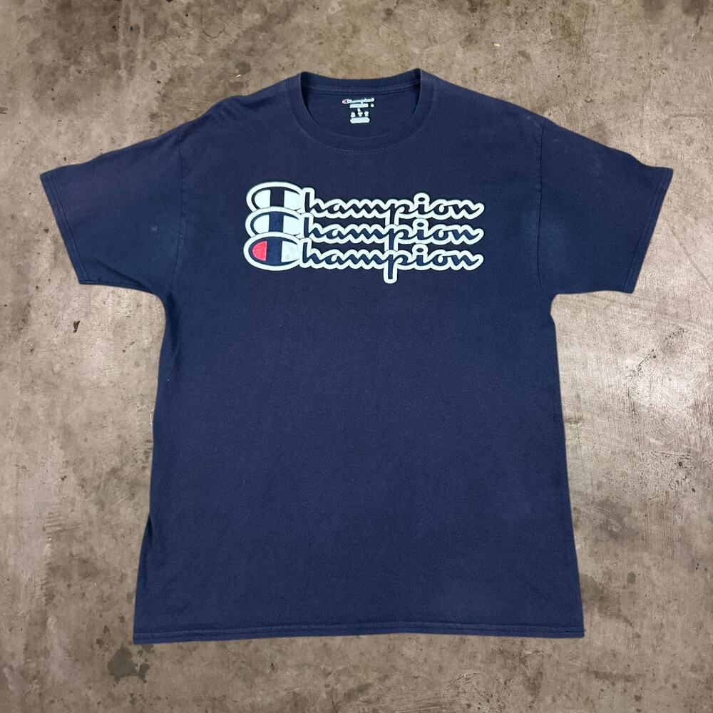 Champion Logo Graphic T-Shirt Athleisure Short Sleeve Tee Navy Blue Mens Size L